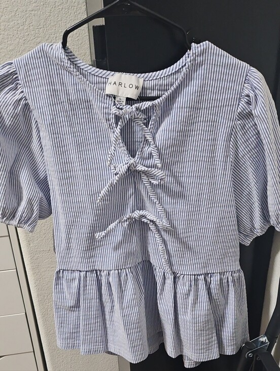 Harlow Tops - Harlow Blue & White Striped Tie-Front Peplum Top Large